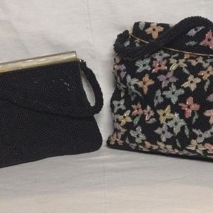 2 VINTAGE BEADED EVENING BAG PURSES BLACK MOP FLOWERS